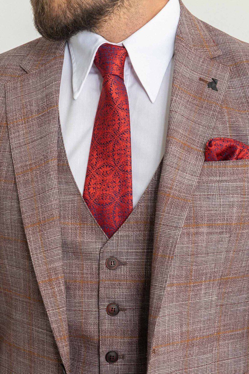 A Patterned Burgundy 3-Piece Suit on Display. 