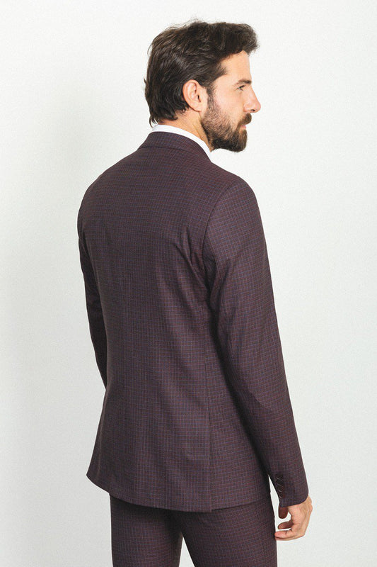 A Burgundy Checkered 3-Piece Suit on Display. 