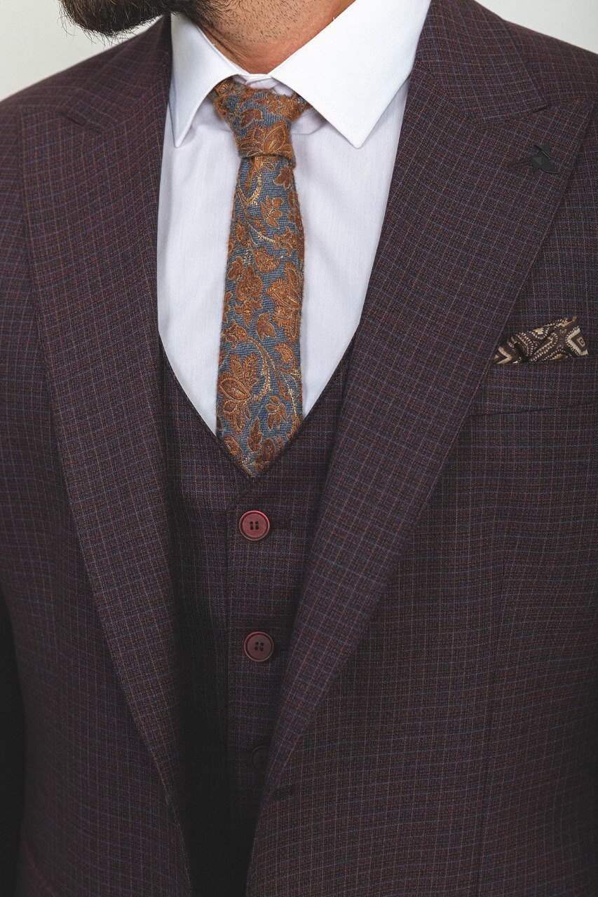 A Burgundy Checkered 3-Piece Suit on Display. 