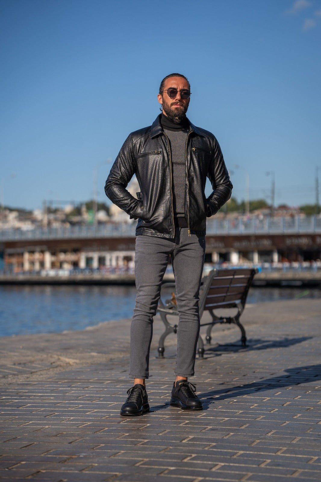 A Slim Fit Special Design Leather Jacket on display