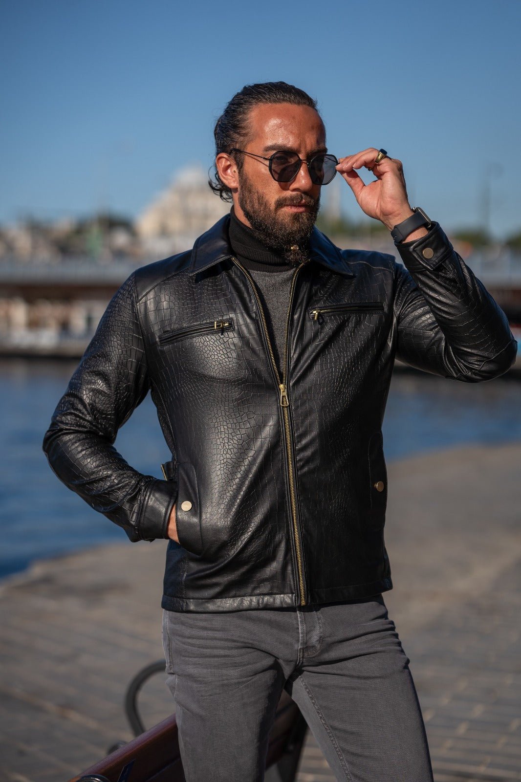 A Slim Fit Special Design Leather Jacket on display