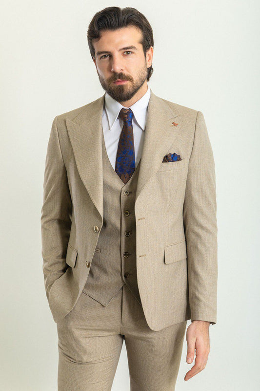 A Classic Beige 3-Piece Suit on Display. 