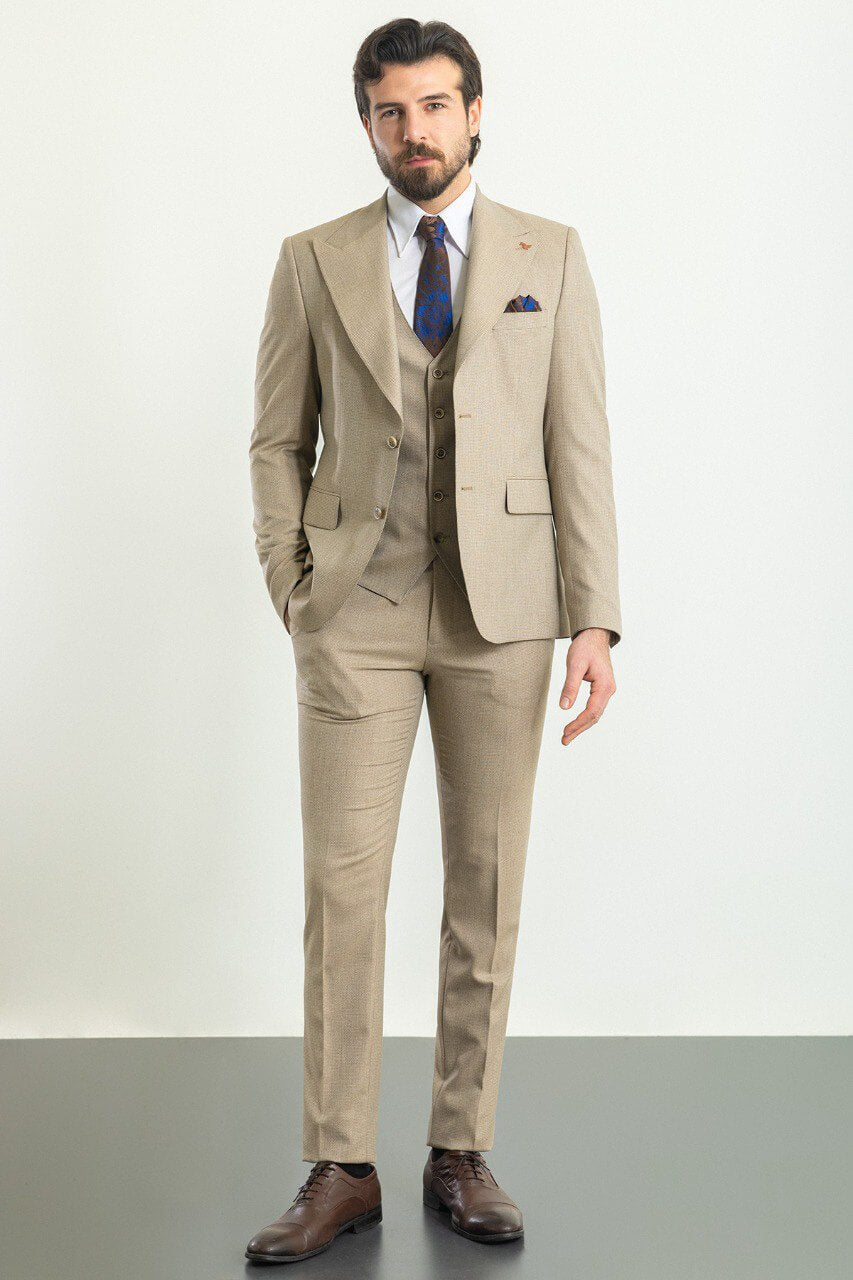 A Classic Beige 3-Piece Suit on Display. 