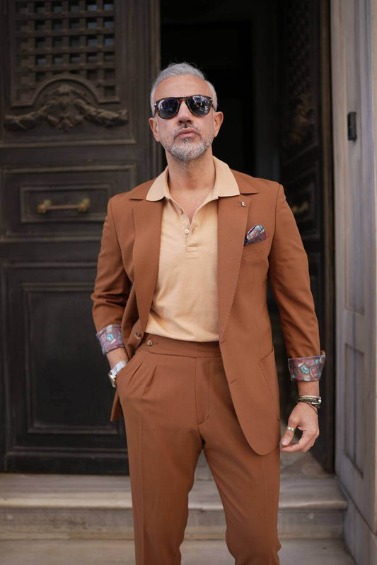 A Classic Camel 2-Piece Suit on Display. 