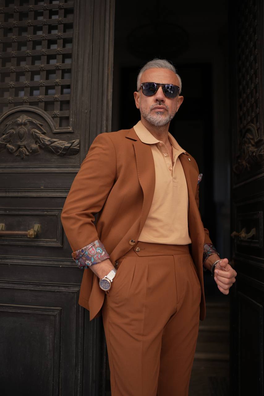 A Classic Camel 2-Piece Suit on Display. 