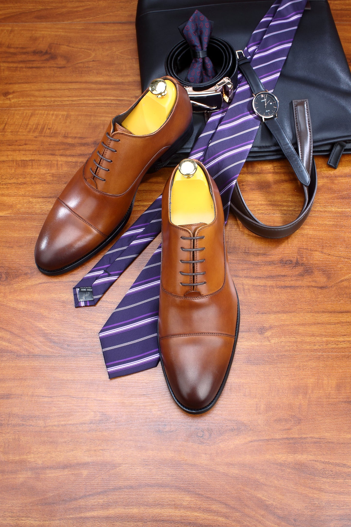 Cognac Brown Cap Toe Oxford Shoes