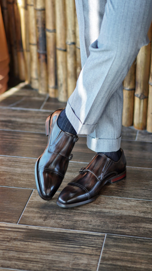 Dark Brown Leather Double Monk Strap Shoes