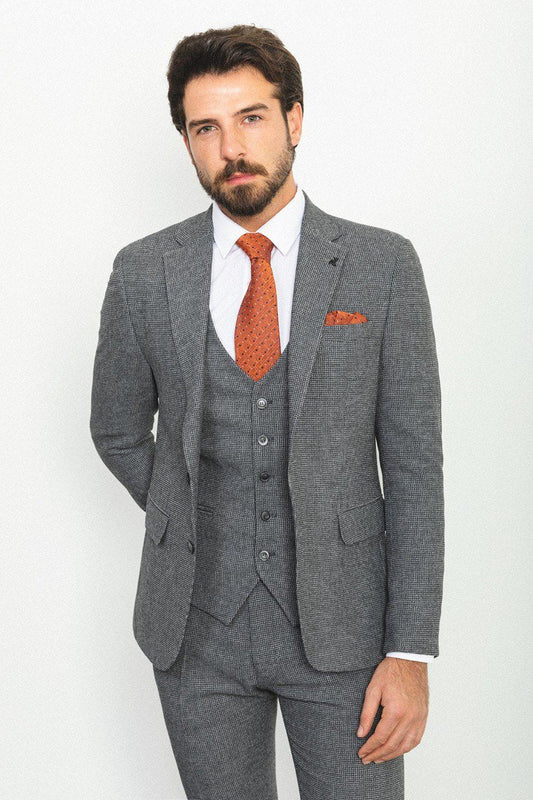 A Dark Gray Checkered 3-Piece Suit on Display. 