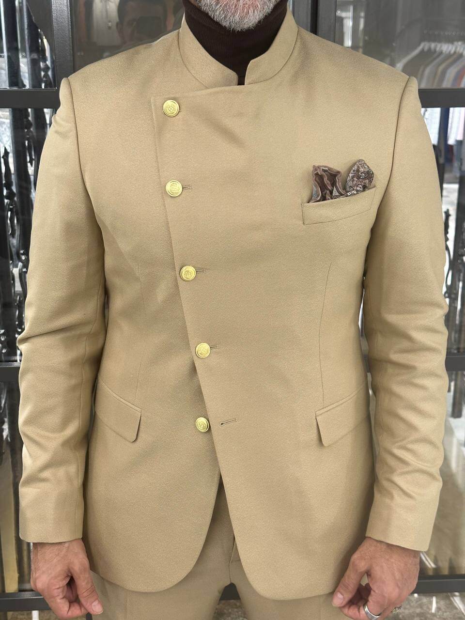 A Beige Suit on Display. 