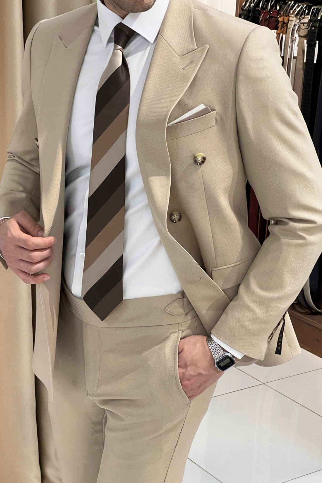 Double Breasted Beige Suit