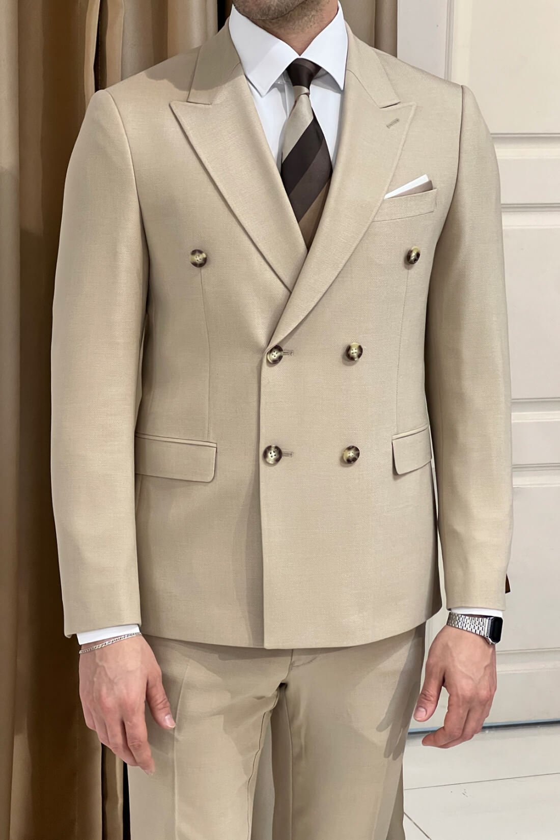 Double Breasted Beige Suit