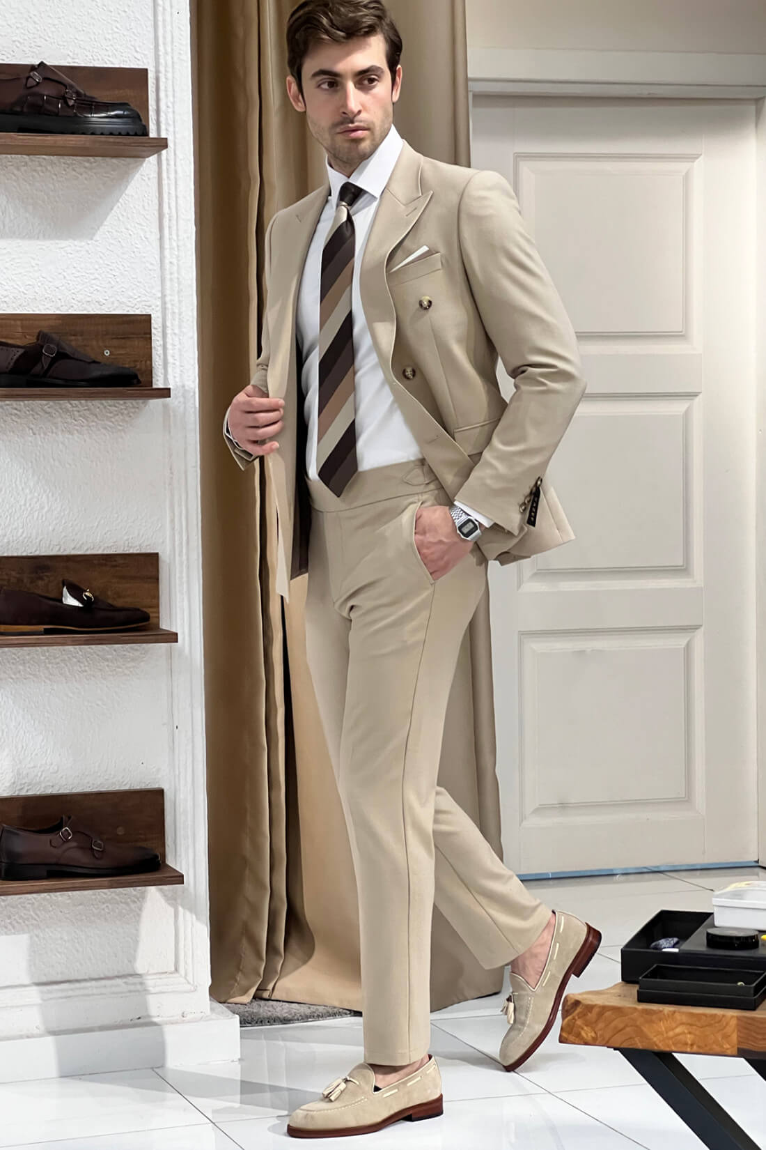 Double Breasted Beige Suit