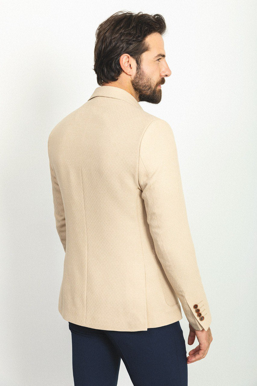 Back view of the Eiffel Beige Jacket showcasing its tailored fit and double vent detailing.