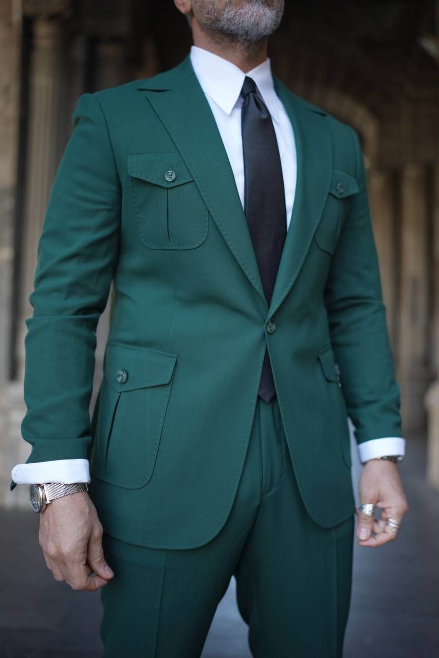 A Emerald Green Utility Suit on Display. 