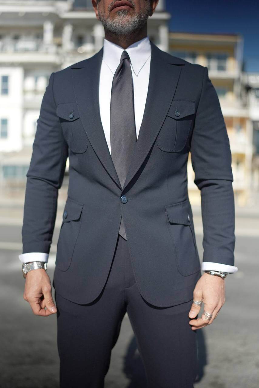 A Executive Navy Blue Utility Suit on Display. 