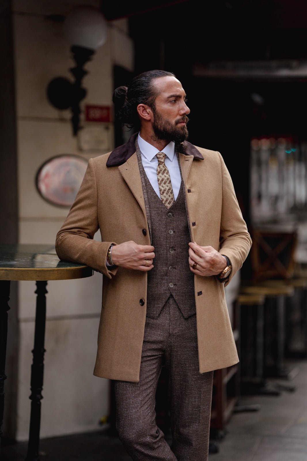 A Slim Fit Fur Detailed Slim Fit Camel Wool Coat on display.