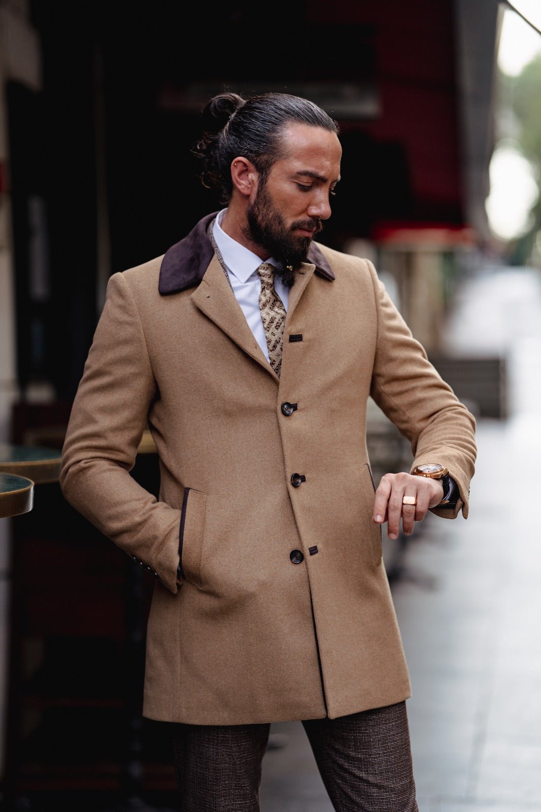 A Slim Fit Fur Detailed Slim Fit Camel Wool Coat on display.