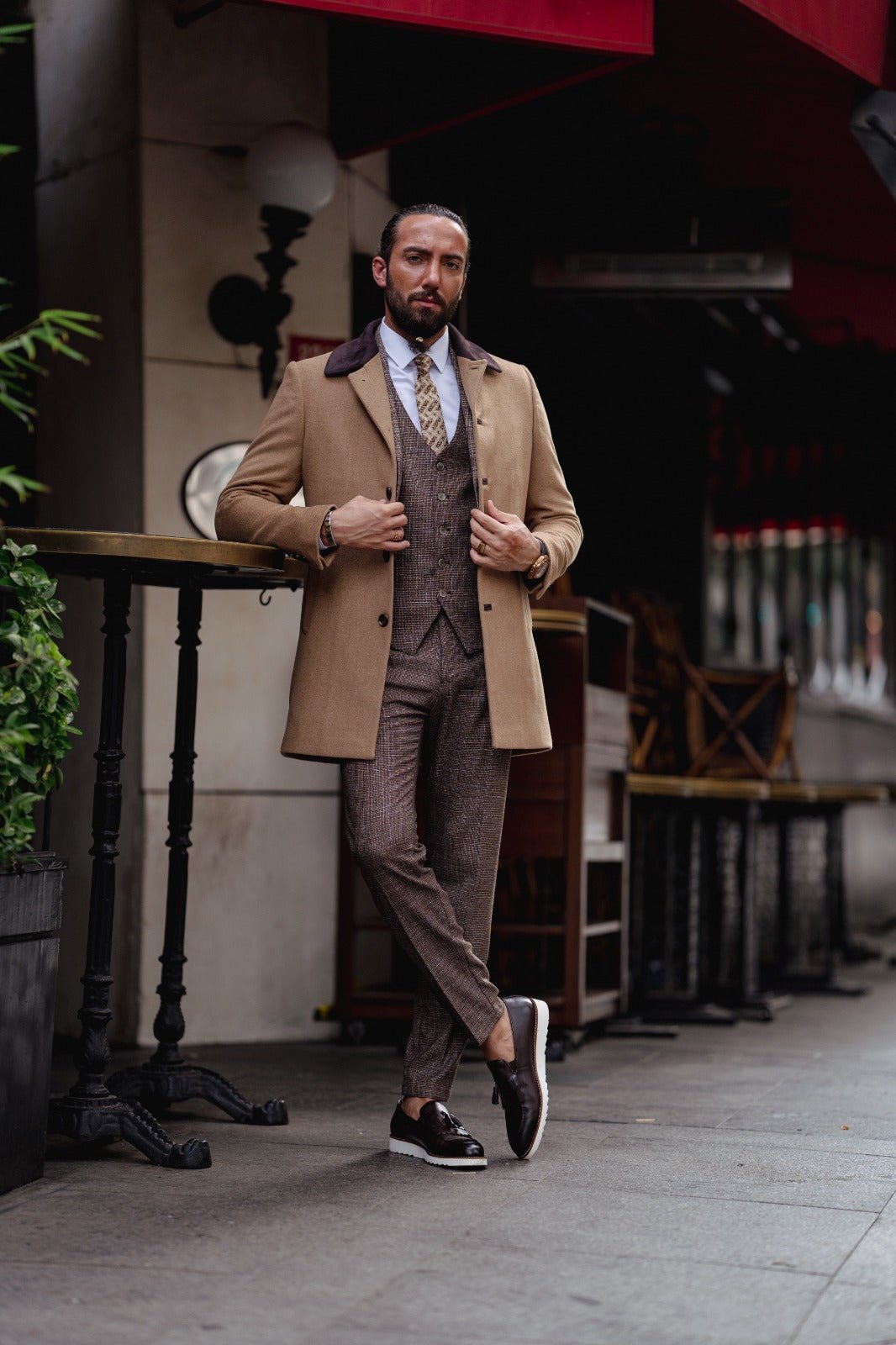 A Slim Fit Fur Detailed Slim Fit Camel Wool Coat on display.