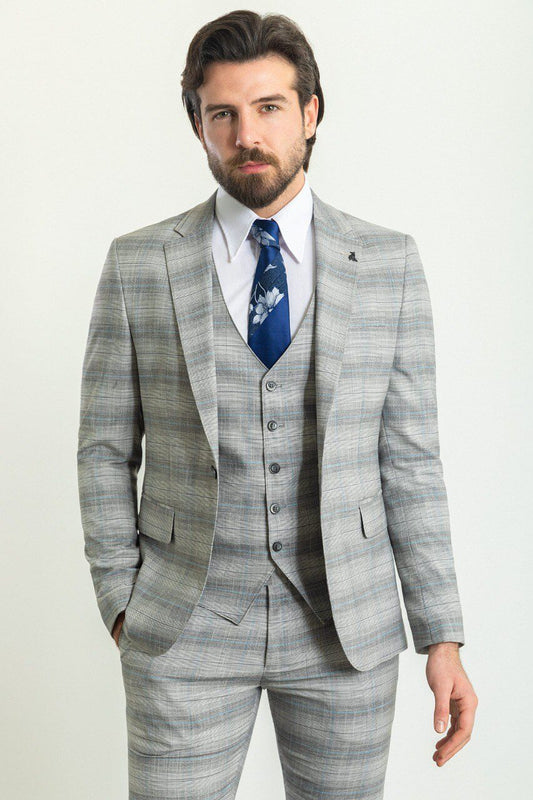 A Patterned Gray Blue Suit on Display.