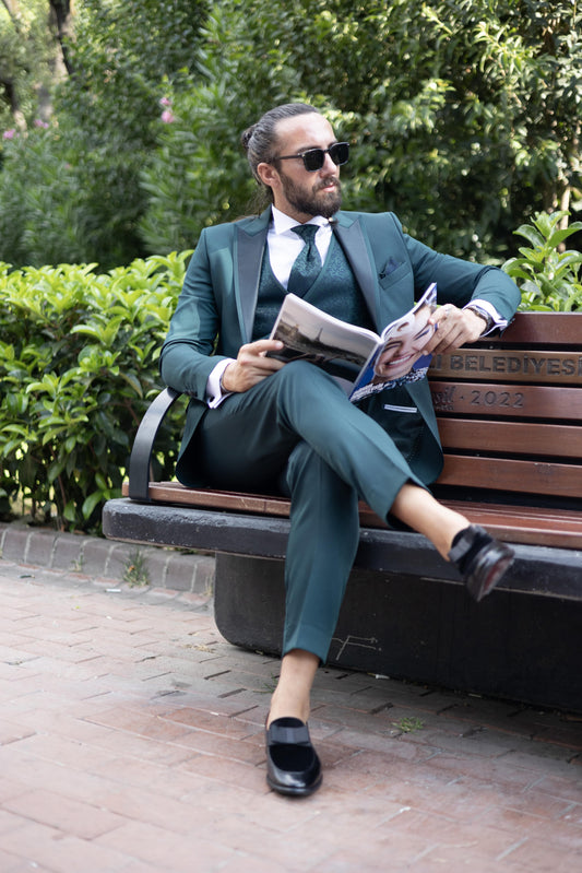 Emerald Elegance Three-Piece Suit for men in deep emerald green, perfect for weddings and formal events.