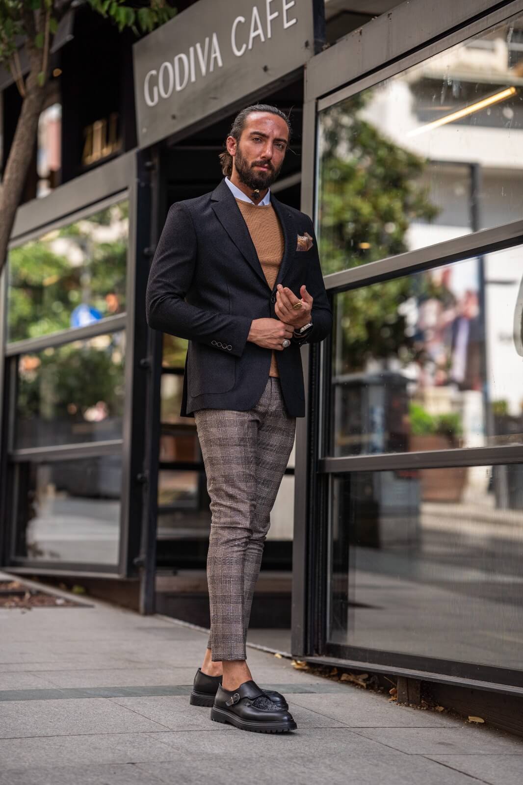 A Black Slim Fit Jacket on display.