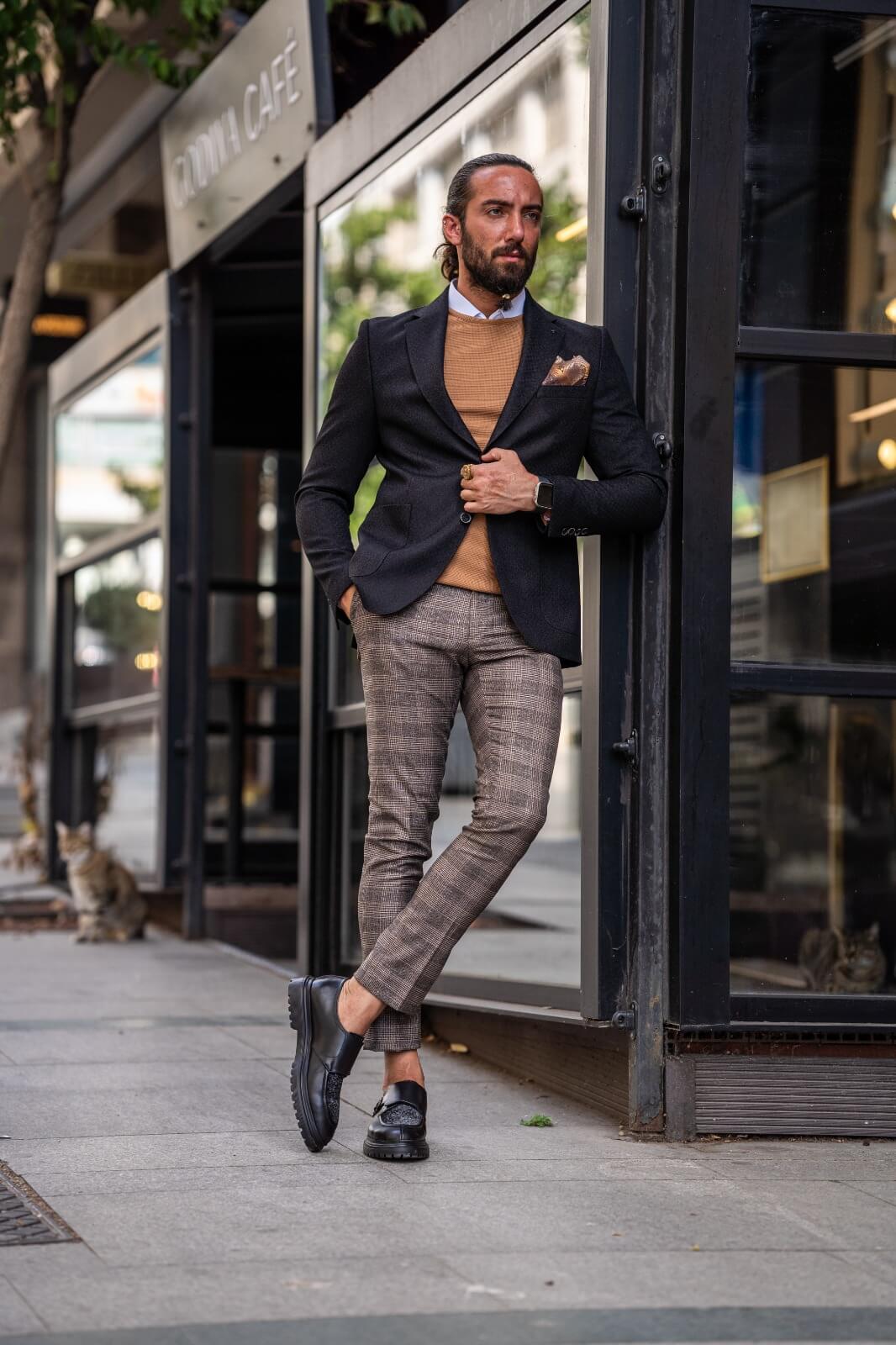 A Black Slim Fit Jacket on display.