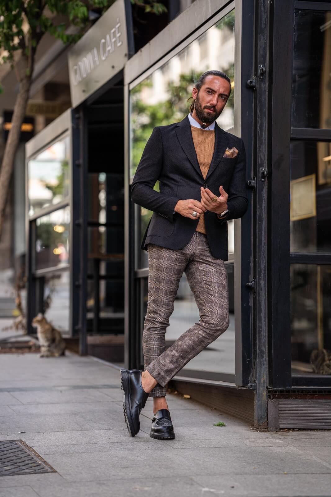 A Black Slim Fit Jacket on display.