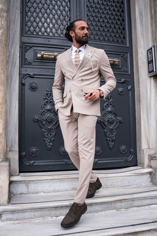 Hollo Double Breasted Pinstripe Beige Suit