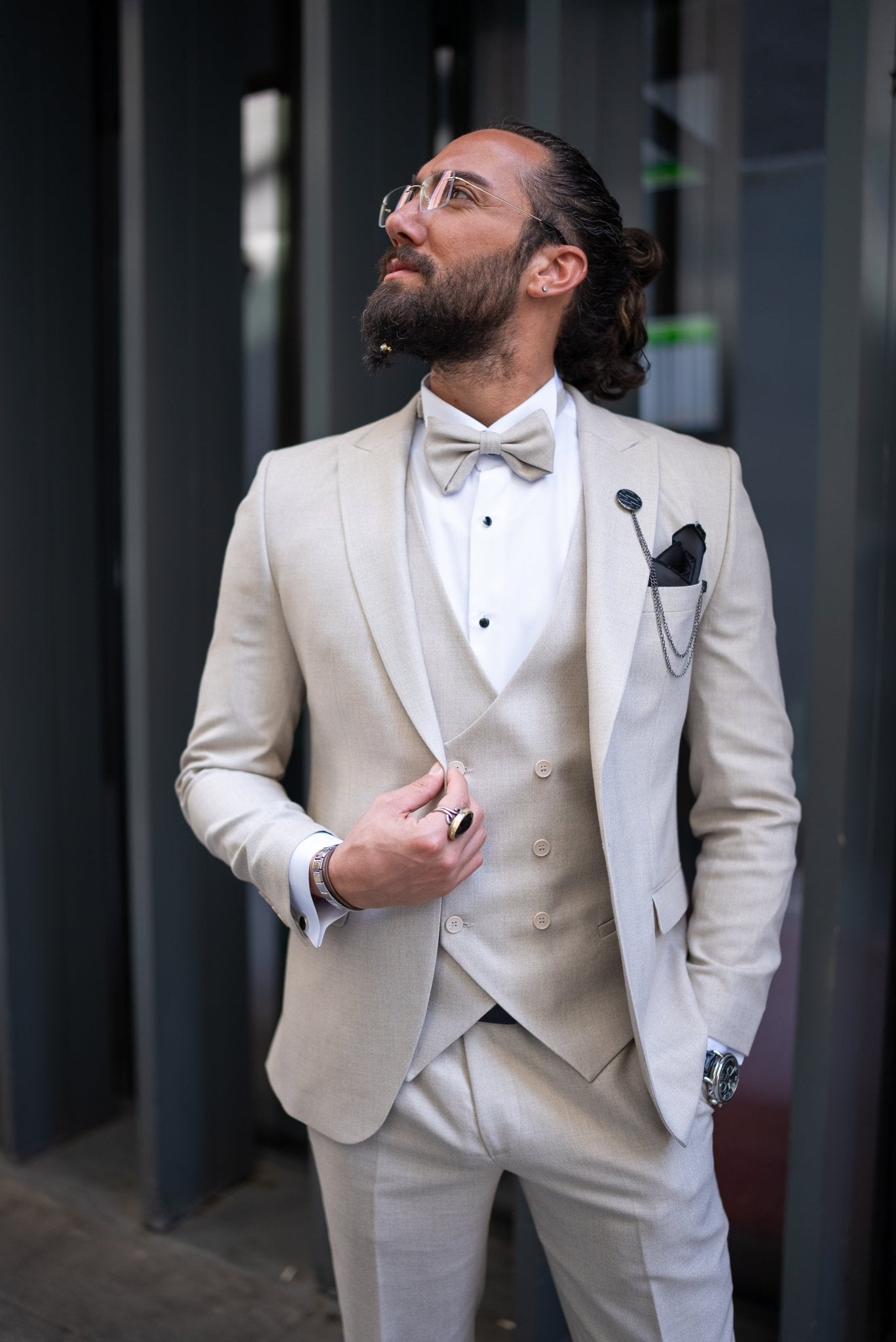 HolloMen Beige Groom Tuxedo Suit