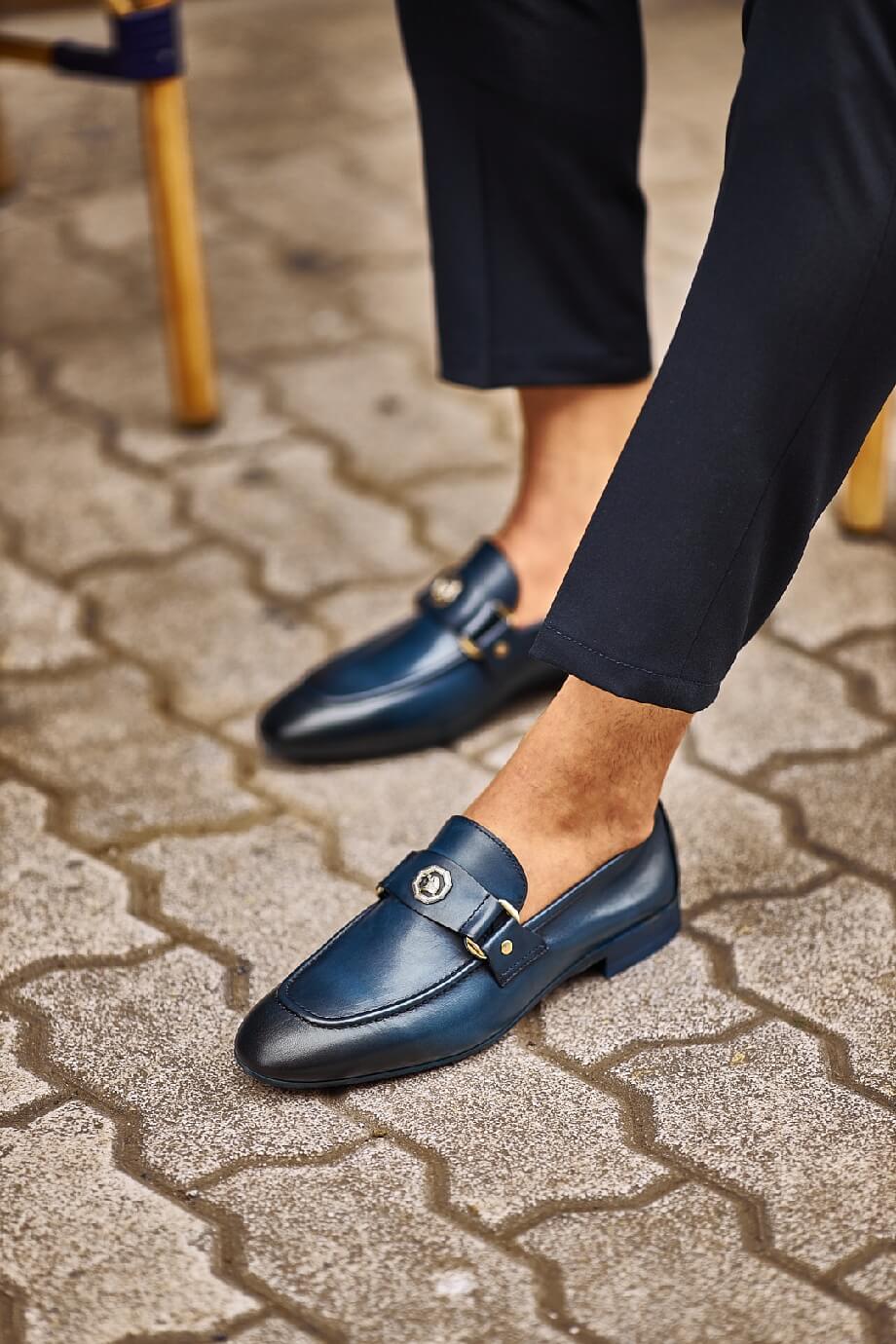 Navy Blue Buckled Loafers