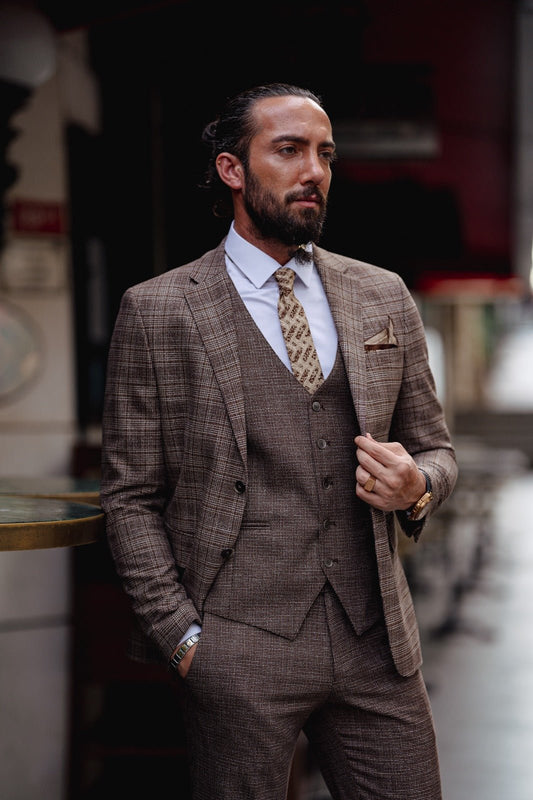 A Brown Slim Fit Plaid Detailed Suit on display.