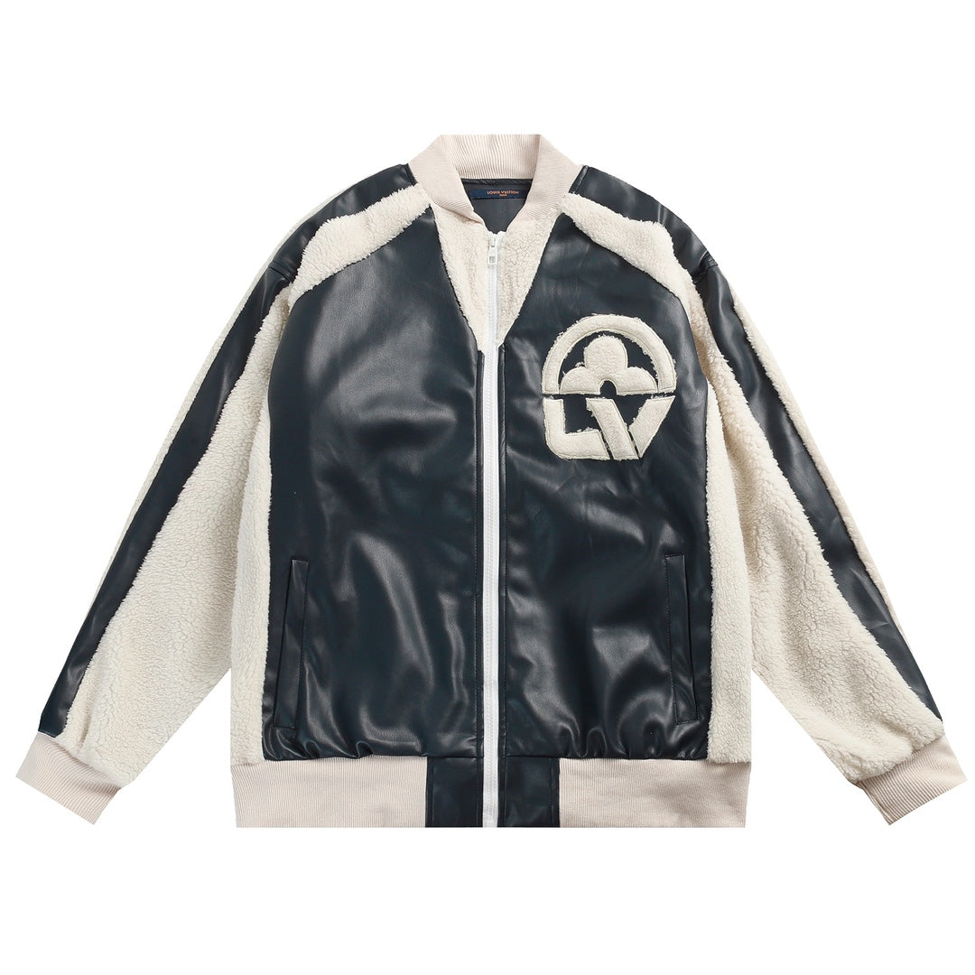 Louis Vuitton Black White Leather Mix Teddy Varsity Jacket