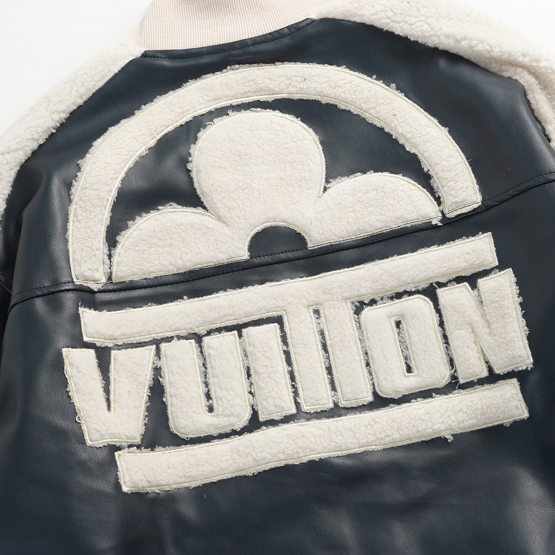 Louis Vuitton Black White Leather Mix Teddy Varsity Jacket