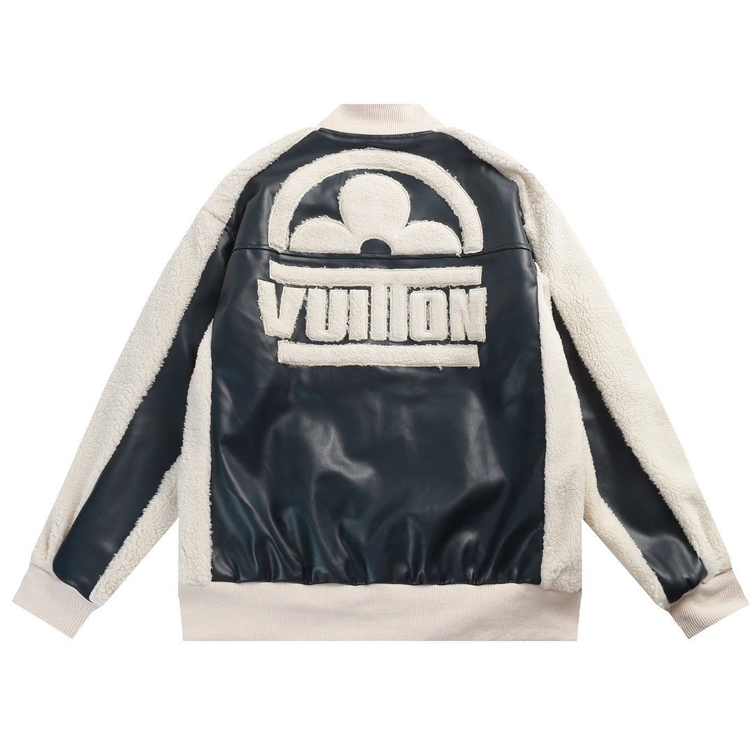 Louis Vuitton Black White Leather Mix Teddy Varsity Jacket