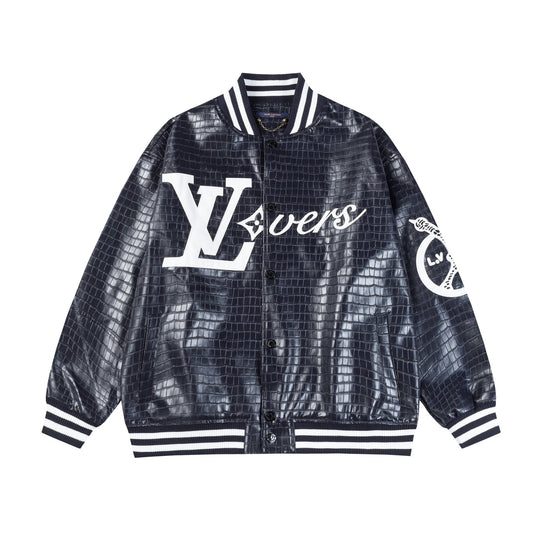 Louis Vuitton Black White Leather Lovers Varsity Jacket