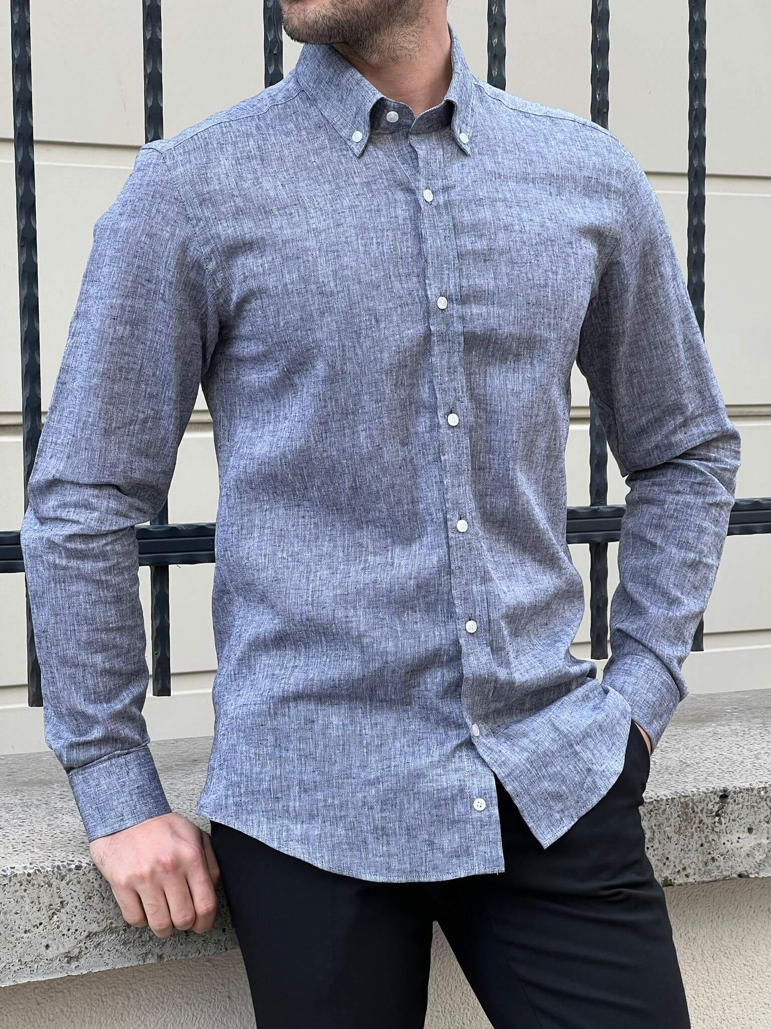 Elegance meets comfort: Our male model effortlessly rocks the Gray Cotton Shirt