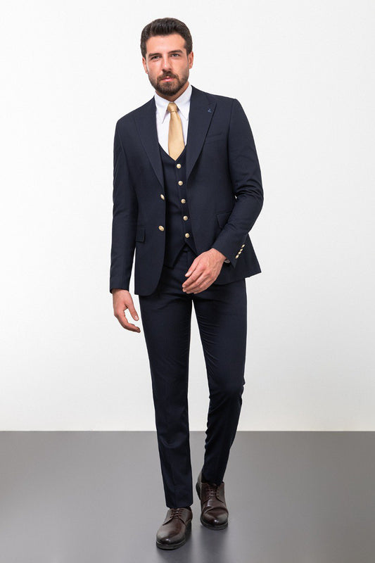 Navy Luxe Three-Piece Suit for men with gold button details and tailored fit.