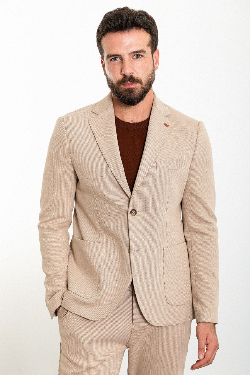 Man wearing a beige casual suit from HolloMen's Spring Summer Collection.