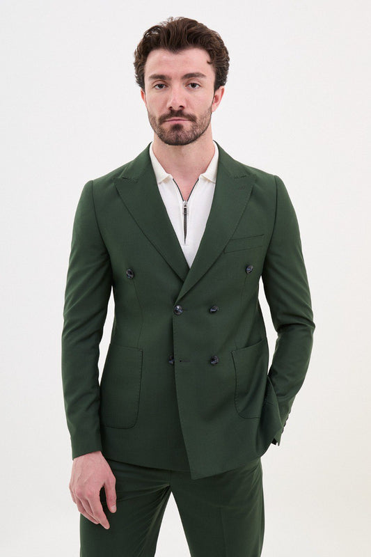 Man wearing a double-breasted khaki suit from HolloMen’s Spring Summer Collection, showcasing modern tailoring and versatility.