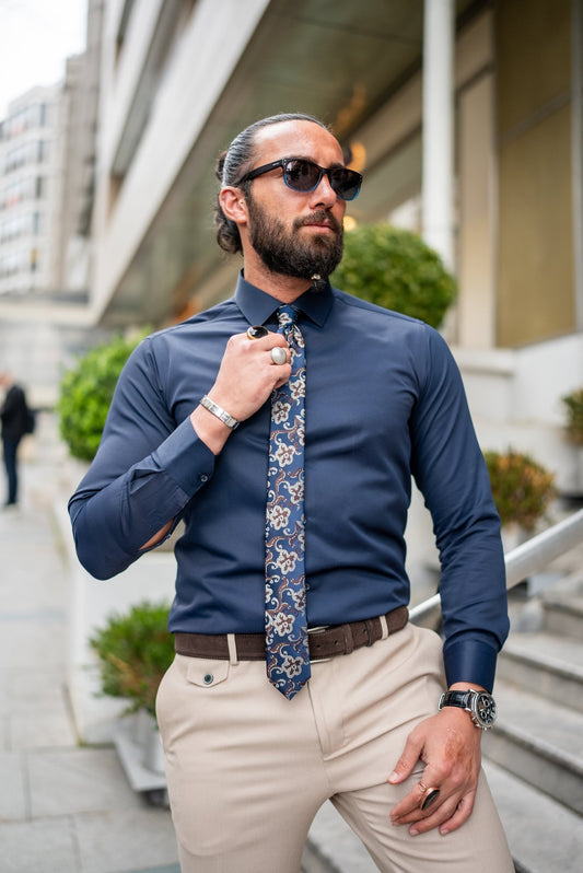 A Navy Blue Satin Lycra Shırt worn by a model