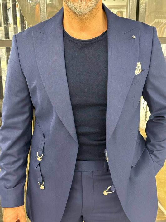 A Navy Blue Button Suit on Display. 