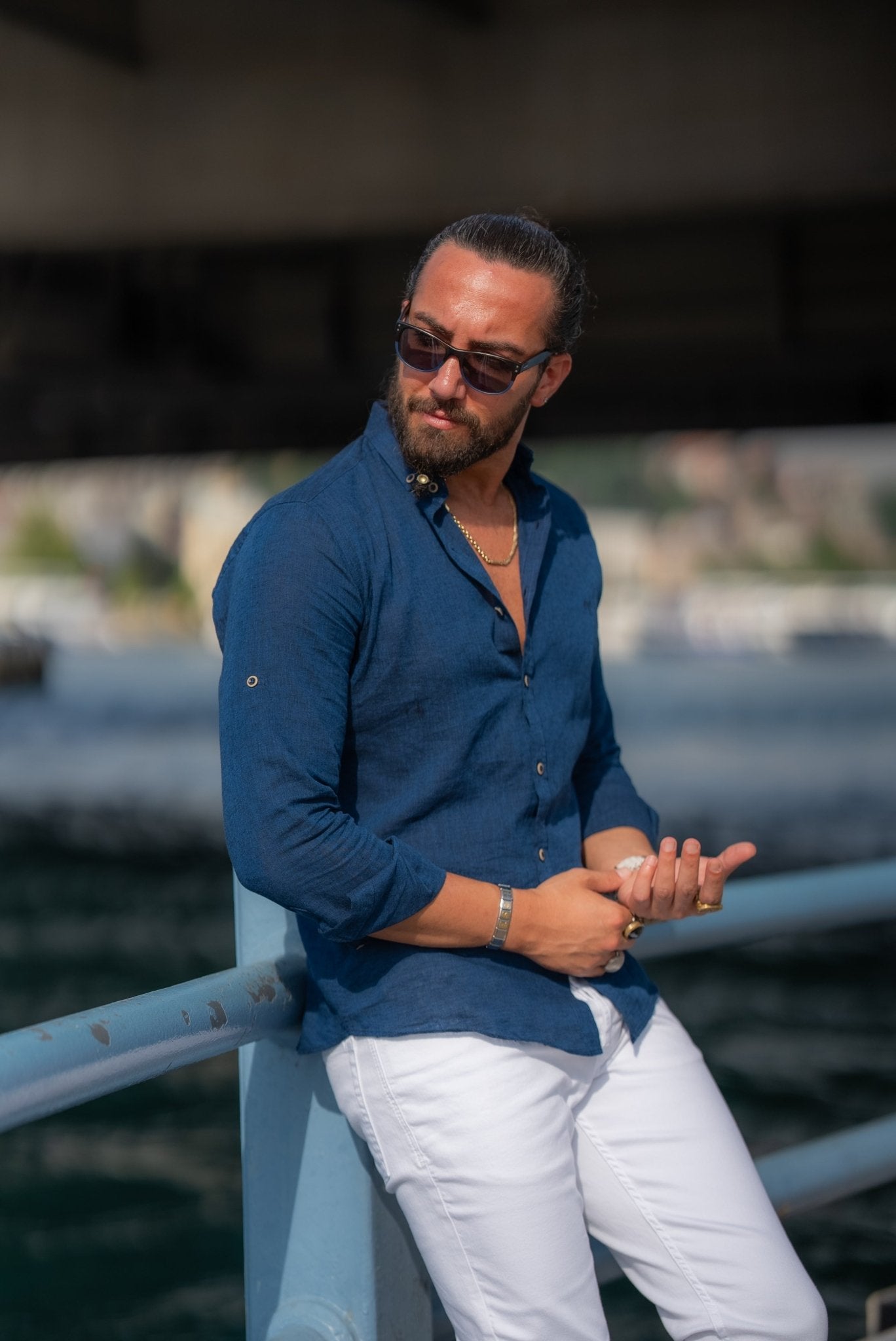 Navy Blue Linen Shirt