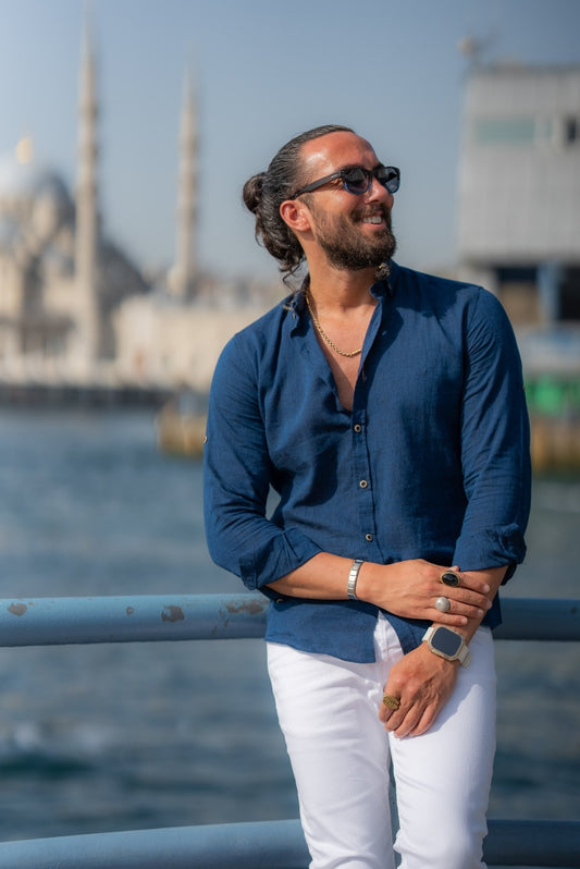 Navy Blue Linen Shirt