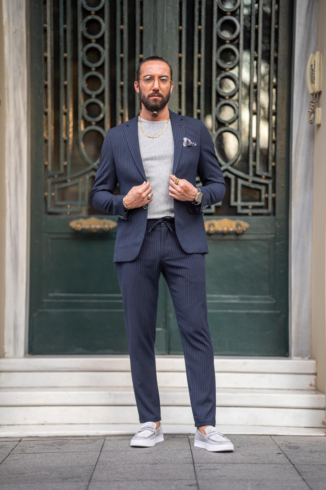 A Navy-Blue Plaid Suit on display.