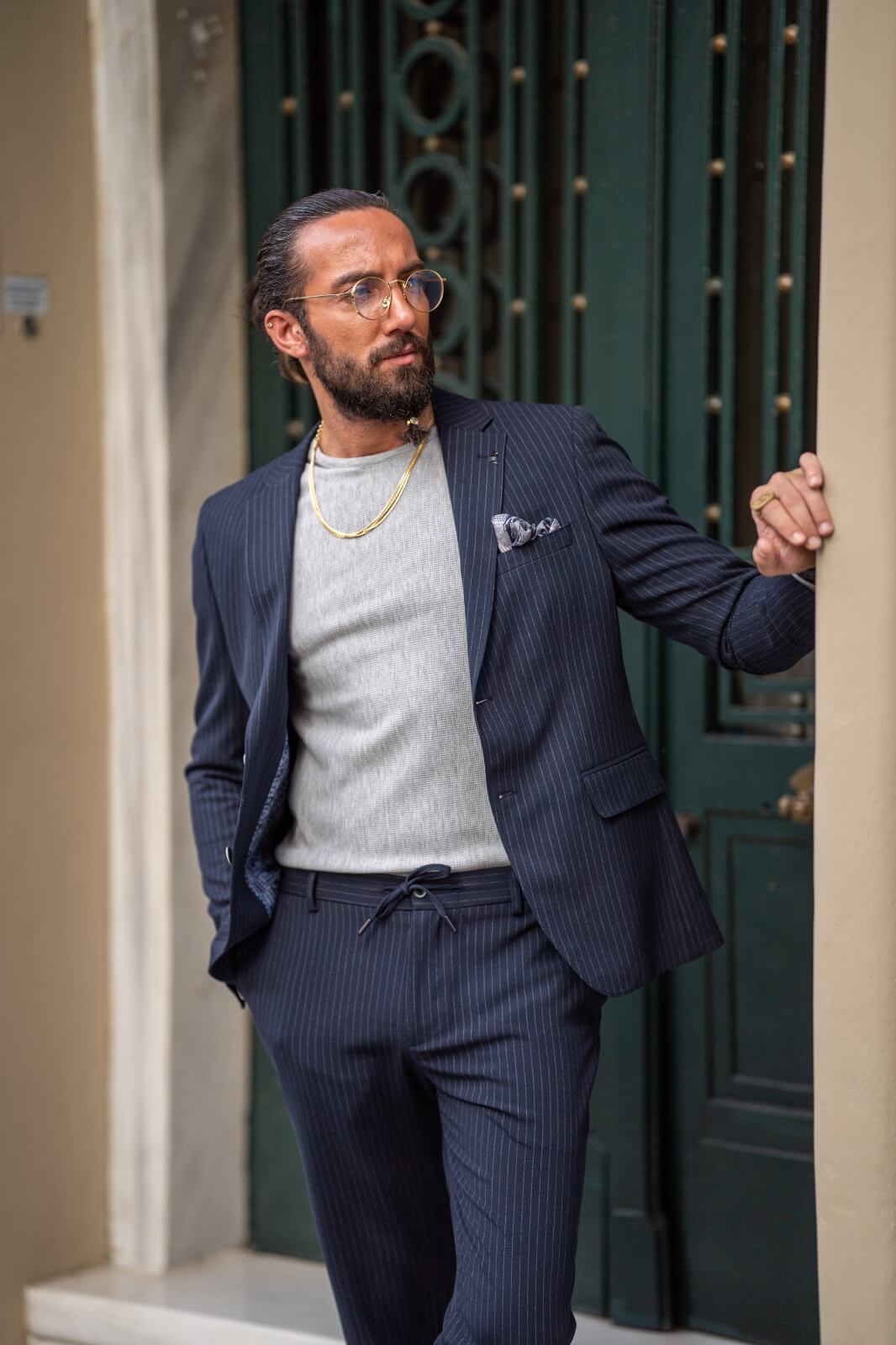 A Navy-Blue Plaid Suit on display.