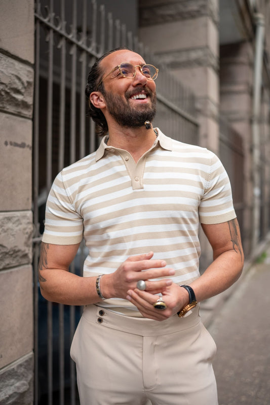 A Beige Striped Nile Polo Knitwear worn by a model