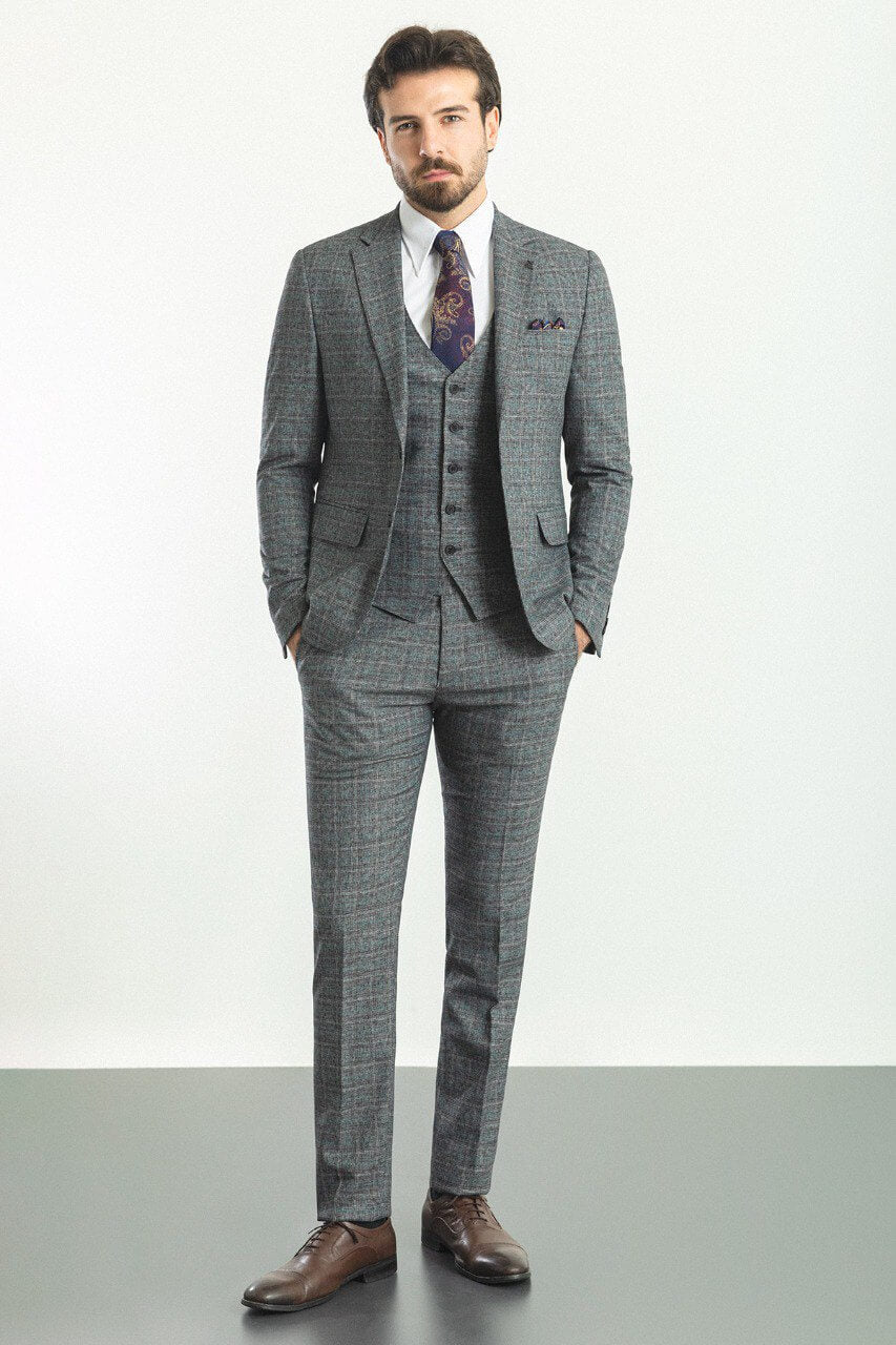 A Patterned Dark Gray Suit on Display. 