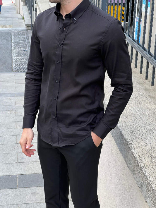 Captivating image of a male model in a black cotton shirt, highlighting comfort and elegance.