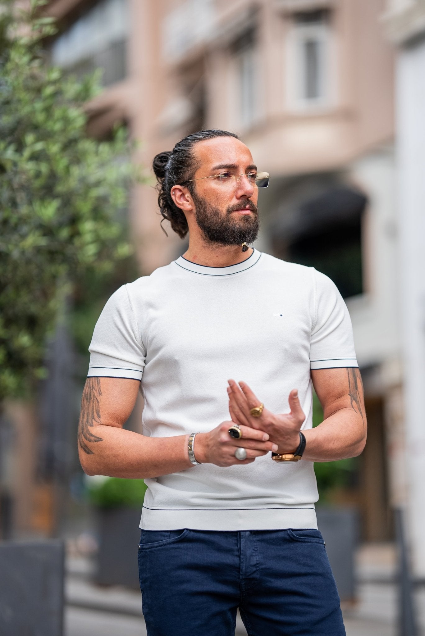 A White T-shirt worn by a model