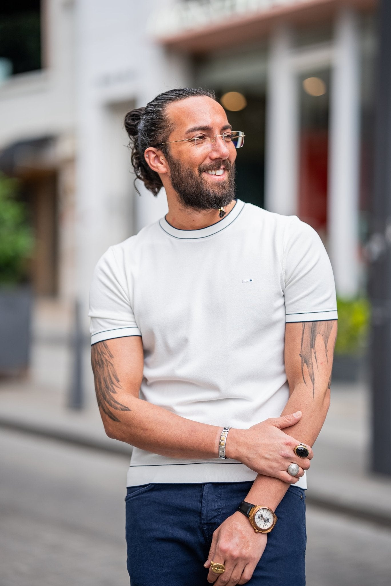 A White T-shirt worn by a model